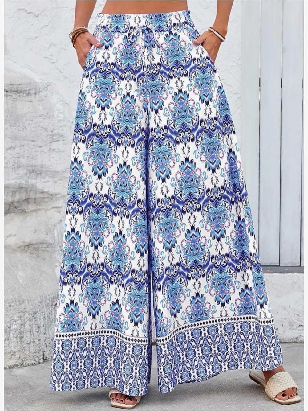 Bohemian Wide-Leg Print Palazzo Pants - Blue/White